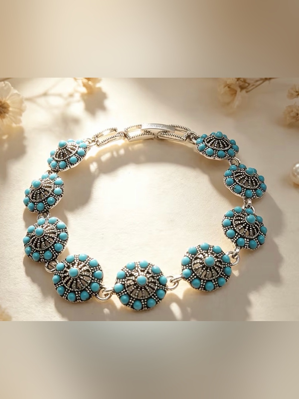Western Turquoise Silver Floral Disc Bracelet Bohemian Turquoise Bracelet